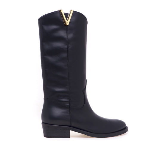 Via Roma 15 Texan boot in leather with metal "V".