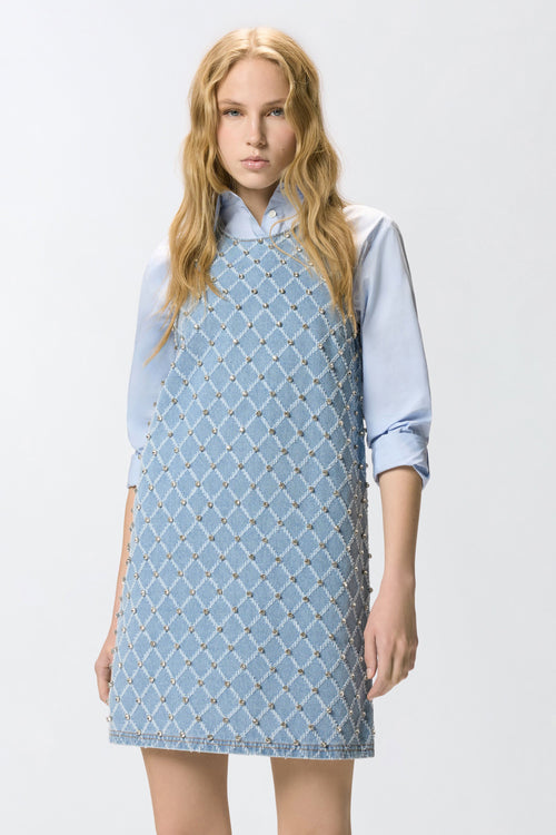 Abito corto Pinko in denim con disegno a rombi e strass applicati