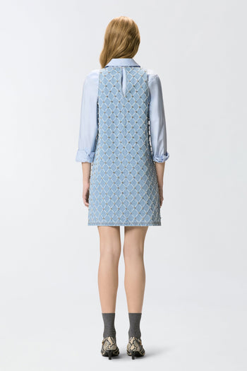 Abito corto Pinko in denim con disegno a rombi e strass applicati - 3