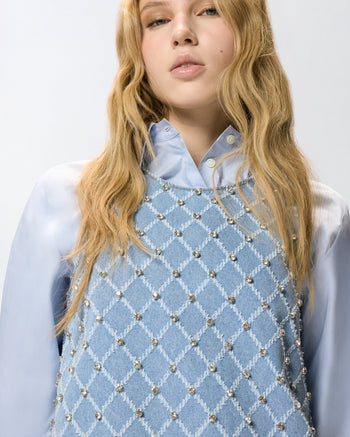 Abito corto Pinko in denim con disegno a rombi e strass applicati - 4