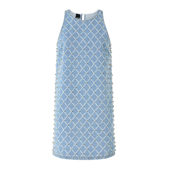 Abito corto Pinko in denim con disegno a rombi e strass applicati - 5