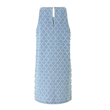 Abito corto Pinko in denim con disegno a rombi e strass applicati - 6