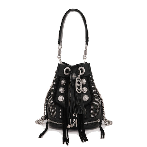 Borsa secchiello La Carrie Ethnic in ecopelle e rafia con borchie
