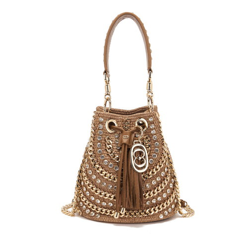Borsa secchiello La Carrie Mirror in rafia con strass e catene