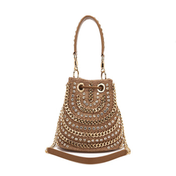 Borsa secchiello La Carrie Mirror in rafia con strass e catene - 3