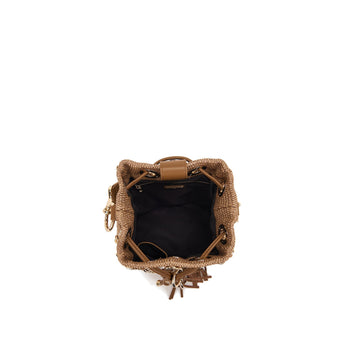 Borsa secchiello La Carrie Mirror in rafia con strass e catene - 5