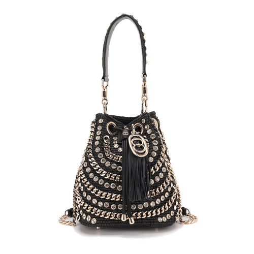 Borsa secchiello La Carrie Mirror in rafia con strass e catene