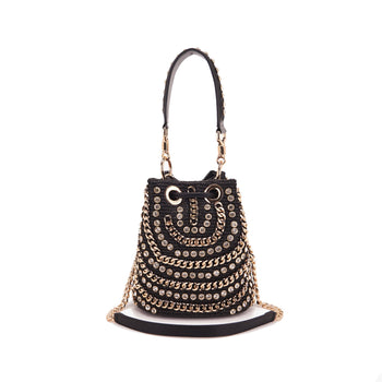 Borsa secchiello La Carrie Mirror in rafia con strass e catene - 3