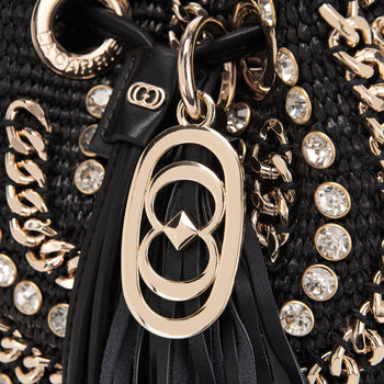 Borsa secchiello La Carrie Mirror in rafia con strass e catene - 4