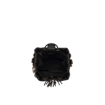 Borsa secchiello La Carrie Mirror in rafia con strass e catene - 5