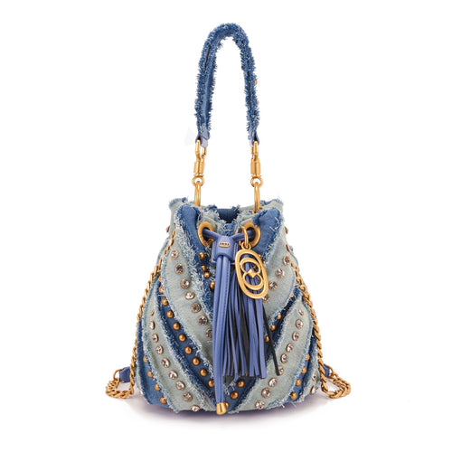 Borsa secchiello La Carrie Mirror in denim con strass e borchie