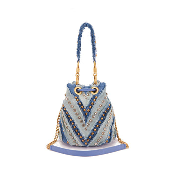Borsa secchiello La Carrie Mirror in denim con strass e borchie - 3