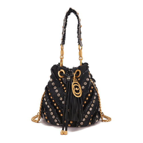 Borsa secchiello La Carrie Mirror in denim con strass e borchie