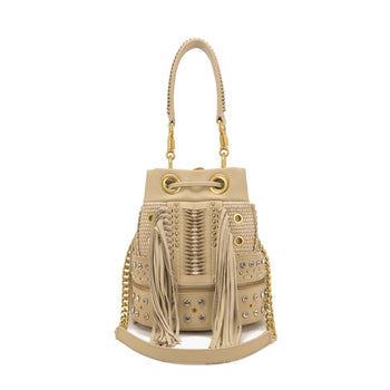 Borsa secchiello La Carrie Ficus in rafia ed ecopelle con frange e borchie - 3