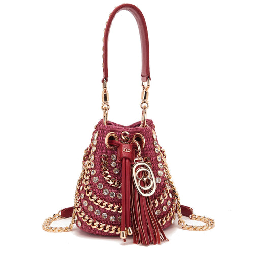 Borsa secchiello La Carrie Mirror in rafia con strass e catene (mis. piccola)