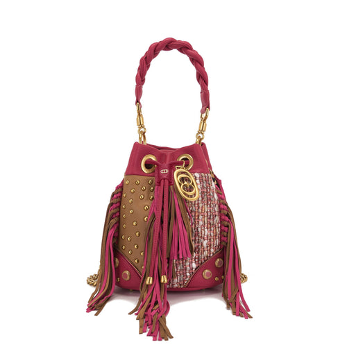 Borsa secchiello La Carrie Legacy in ecopelle partellata e tessuto con frange e borchie
