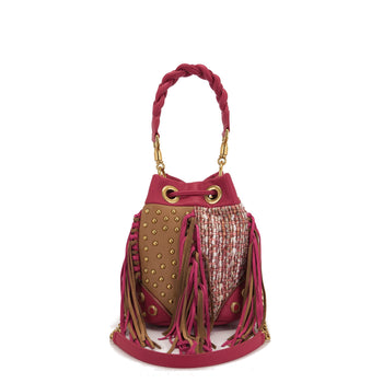 Borsa secchiello La Carrie Legacy in ecopelle partellata e tessuto con frange e borchie - 3