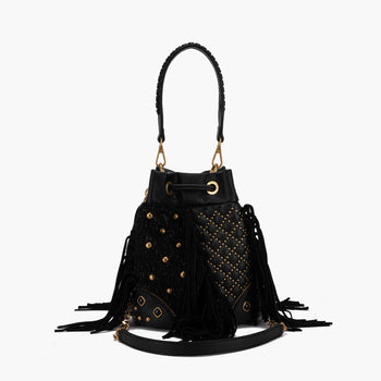 Borsa a secchiello La Carrie Legacy in ecopelle martellata e tessuto con frange e borchie - 3