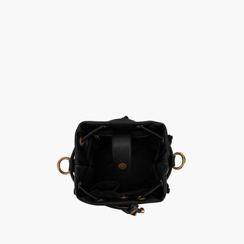 Borsa a secchiello La Carrie Legacy in ecopelle martellata e tessuto con frange e borchie - 5