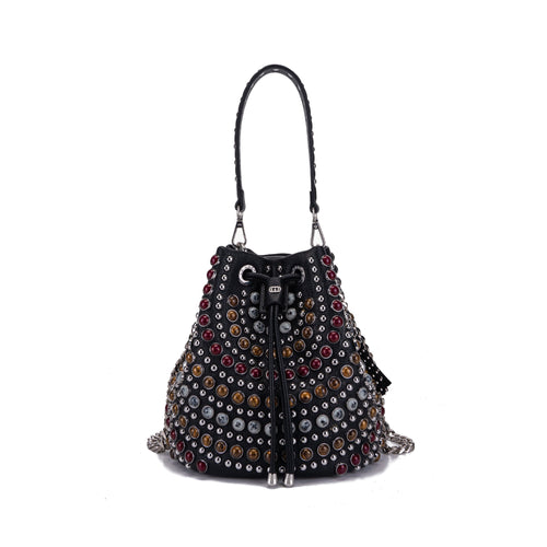 Borsa a secchiello La Carrie Andromeda in ecopelle con borchie e pietre dure