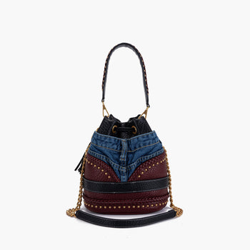 Borsa a secchiello La Carrie Bagghy in ecopelle con inserti in jeans e borchie - 3