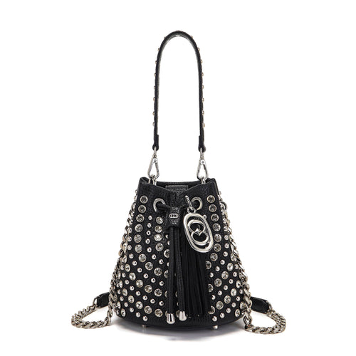Borsa a secchiello La Carrie Andromeda small in ecopelle con borchie e strass