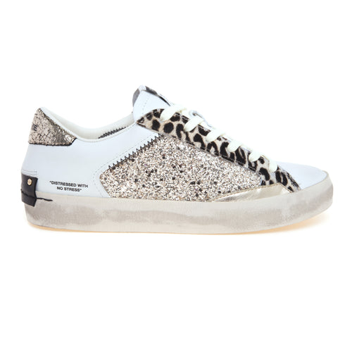 Sneaker Crime London Distressed in pelle e glitter con inserti in cavallino bianco maculato