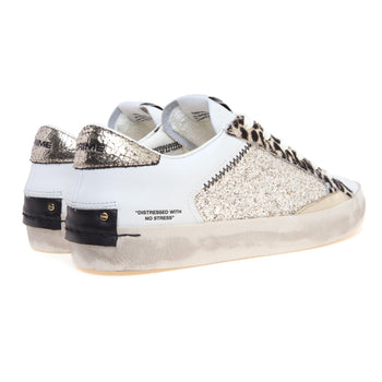 Sneaker Crime London Distressed in pelle e glitter con inserti in cavallino bianco maculato - 3