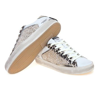 Sneaker Crime London Distressed in pelle e glitter con inserti in cavallino bianco maculato - 4