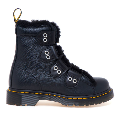 Polacco stile pedula Dr Martens in pelle martellata con ecopelliccia