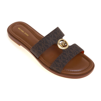 Sandalo Michael Kors Erin Flat in tessuto logato con doppia fascia unita da logo MK dorato - 4
