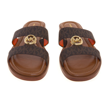 Sandalo Michael Kors Erin Flat in tessuto logato con doppia fascia unita da logo MK dorato - 5