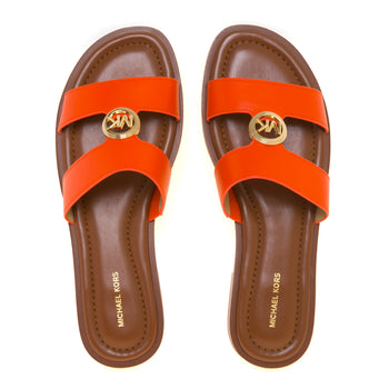 Sandalo Michael Kors Erin Flat in pelle con doppia fascia unita da logo MK dorato - 5