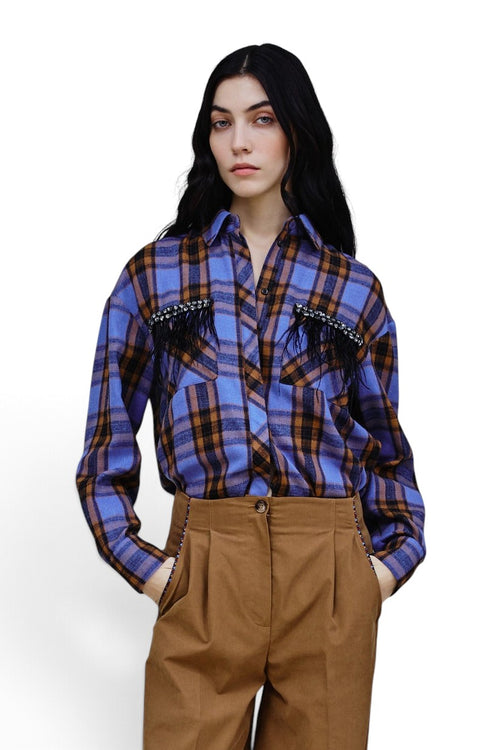 Camicia Nenette Frullo con motivo a quadri e applicazione di piume e strass - 1