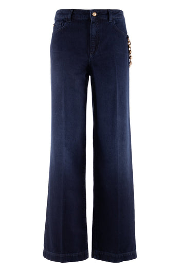Jeans flaire Nenette Starker in denim con accesorio catena oro - 3