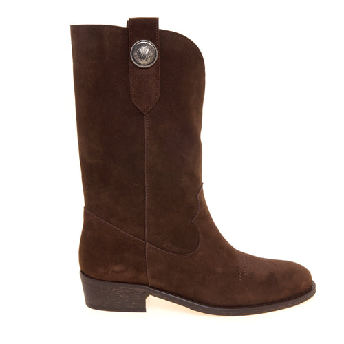 Stivale texano Via Roma 15 in camoscio con ricamo e bottone laterale