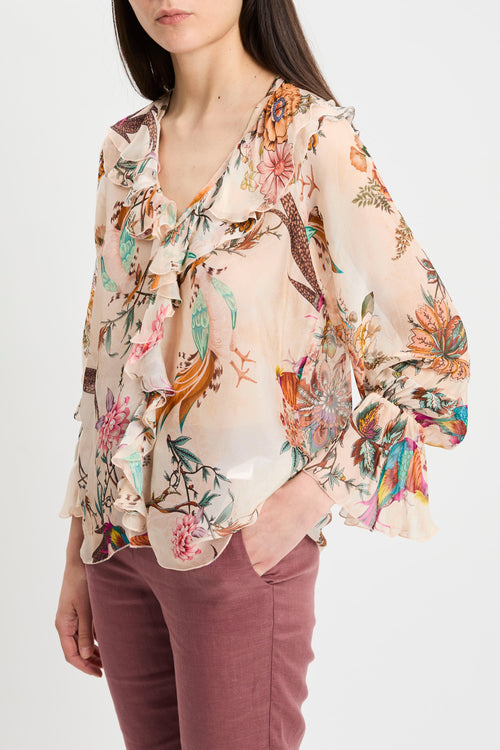 Blusa con manica lunga Dixie in misto seta con stampa floreale e volant