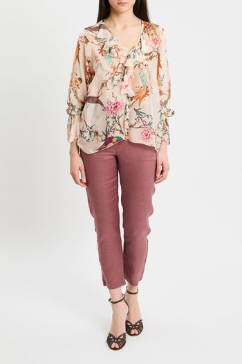 Blusa con manica lunga Dixie in misto seta con stampa floreale e volant - 3