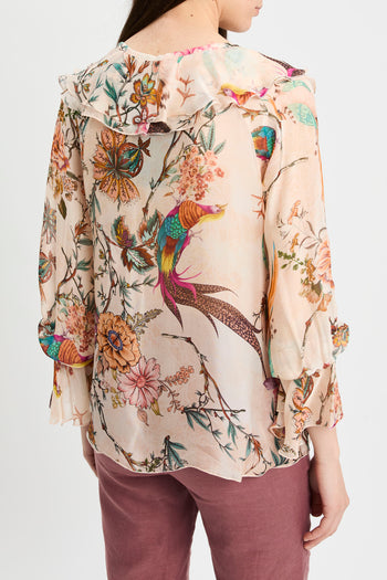 Blusa con manica lunga Dixie in misto seta con stampa floreale e volant - 4