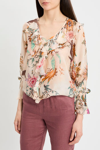 Blusa con manica lunga Dixie in misto seta con stampa floreale e volant - 5