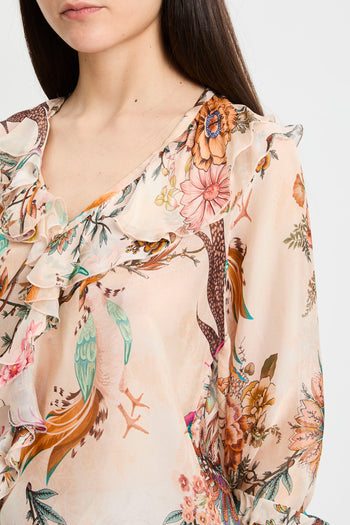 Blusa con manica lunga Dixie in misto seta con stampa floreale e volant - 6