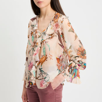 Blusa con manica lunga Dixie in misto seta con stampa floreale e volant - 7
