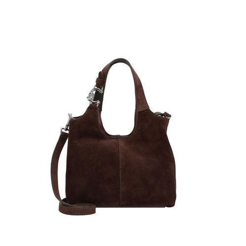 Secchiello coccinelle in camoscio marrone con tracolla regolabile