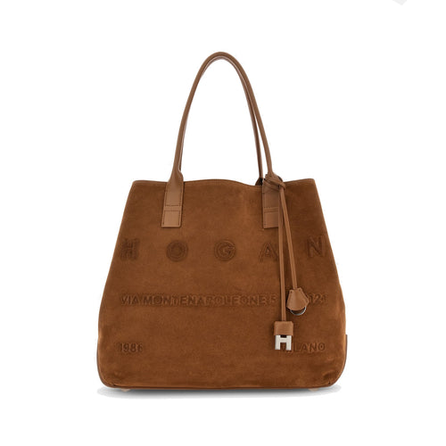 Borsa shopping Hogan Script Media in camoscio con indirizzo rilievo