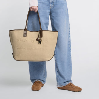 Borsa shopping media Hogan in tessuto con lettering in rilievo tono su tono e profilli in pelle - 7