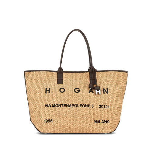 Borsa shopping media Hogan in rafia con lettering stampato e profili in pelle
