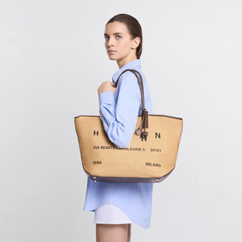 Borsa shopping media Hogan in rafia con lettering stampato e profili in pelle - 7