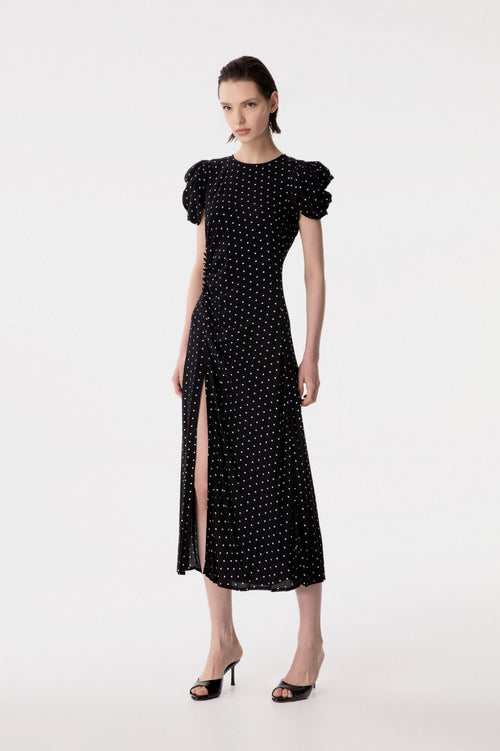 Abito midi Mar De Margaritas Kristel in viscosa con drappeggio e stampa pois