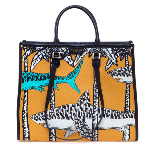 Borsa My Best Bag "Atena" in tessuto jacquard con fantasia Sharks - misura grande