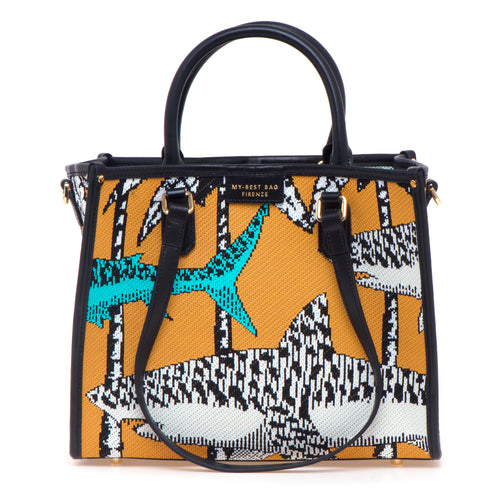 Borsa My Best Bag "Atena" in tessuto jacquard con fantasia Sharks - misura piccola